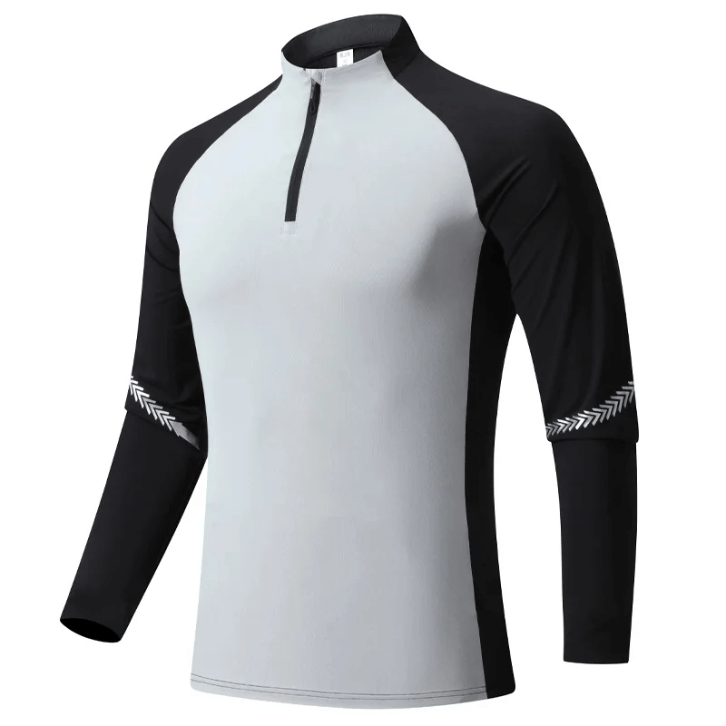 Men's lightweight long-sleeved zip-up performance shirt with black and gray design, ideal for running and workouts. Breathable fabric.